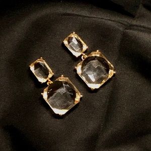 Handmade Square Crystal Clear Golden Framed Dangle Earrings, Cube Ear drops